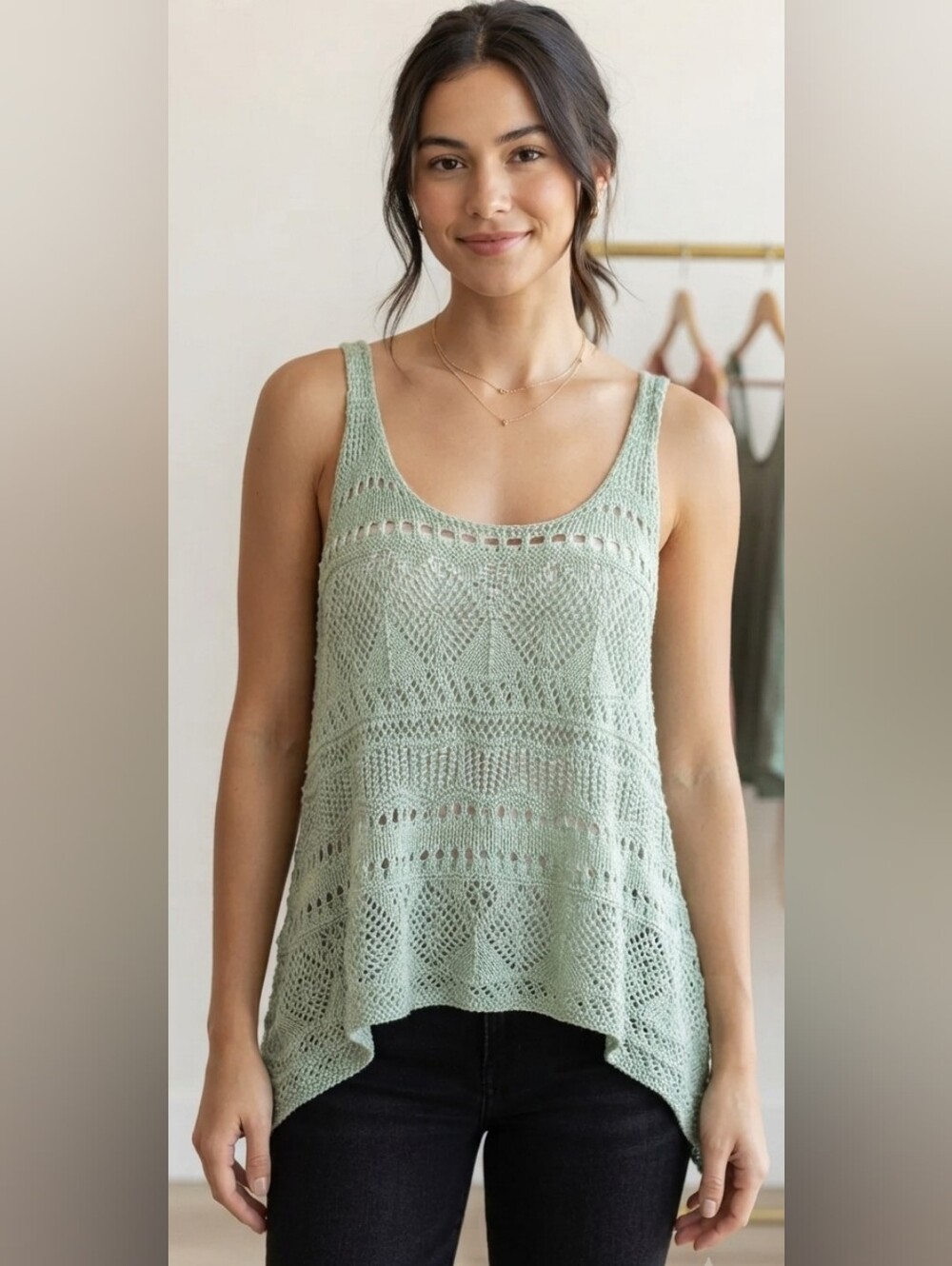 TRENDY M4EO Mint Green Crochet Open Knit Tank Top High-Low Hem | Size S